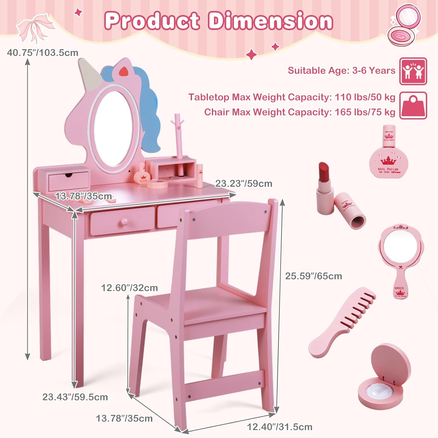 Olakids Kids Vanity with Lights, Princess Makeup Dressing Desk Toddler Table and Chair Set Pretend Playset for Girls Aged 3-6