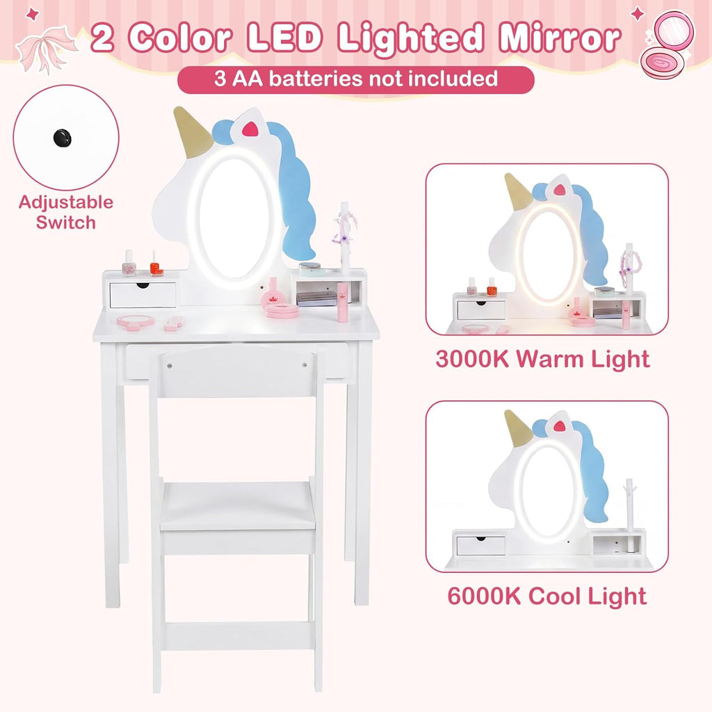 Olakids Kids Vanity with Lights, Princess Makeup Dressing Desk Toddler Table and Chair Set Pretend Playset for Girls Aged 3-6