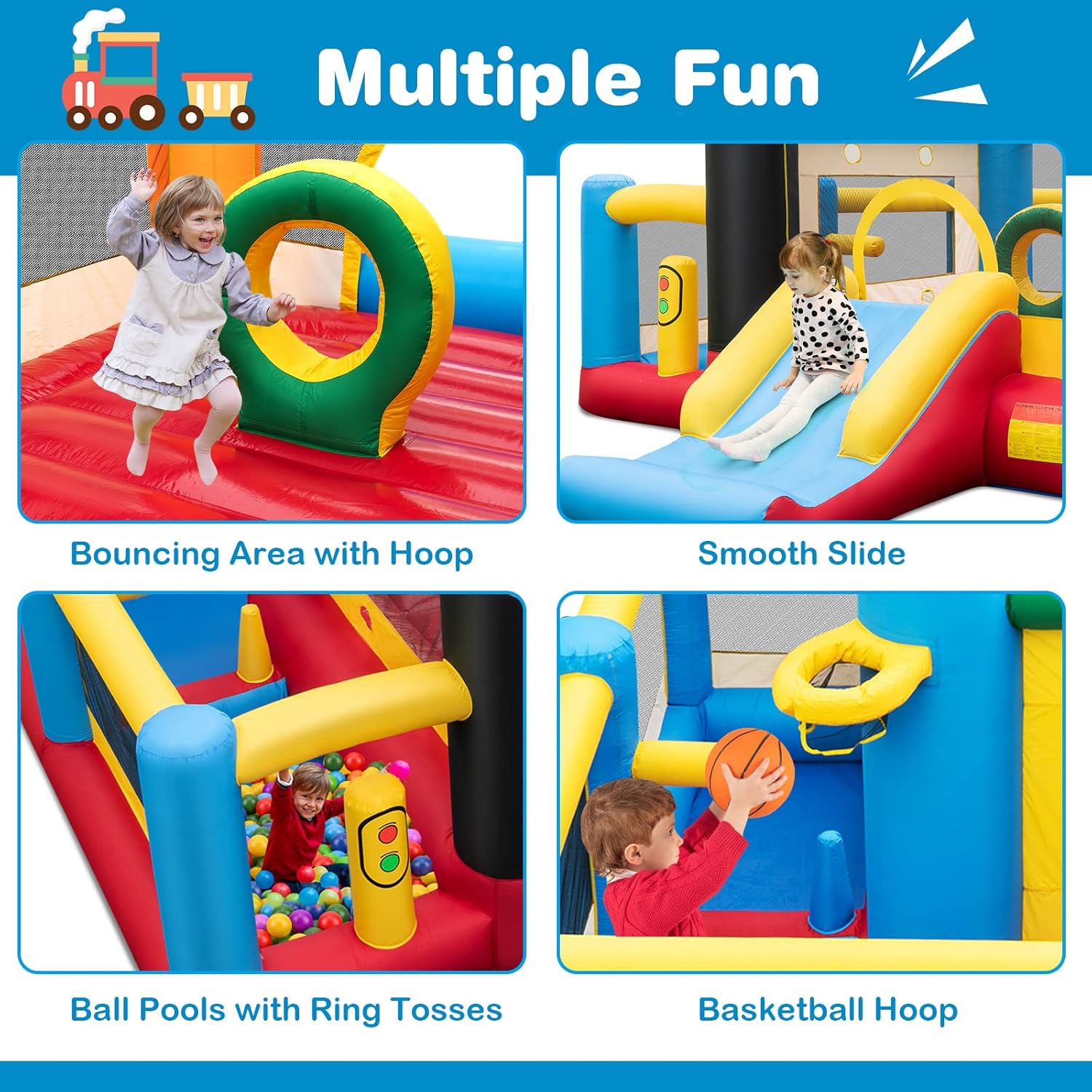 OLAKIDS Inflatable Bounce House, Train Theme Kids Jumping Castle  Indoor Outdoor Inflatable Obstacle Course with 950W Blower