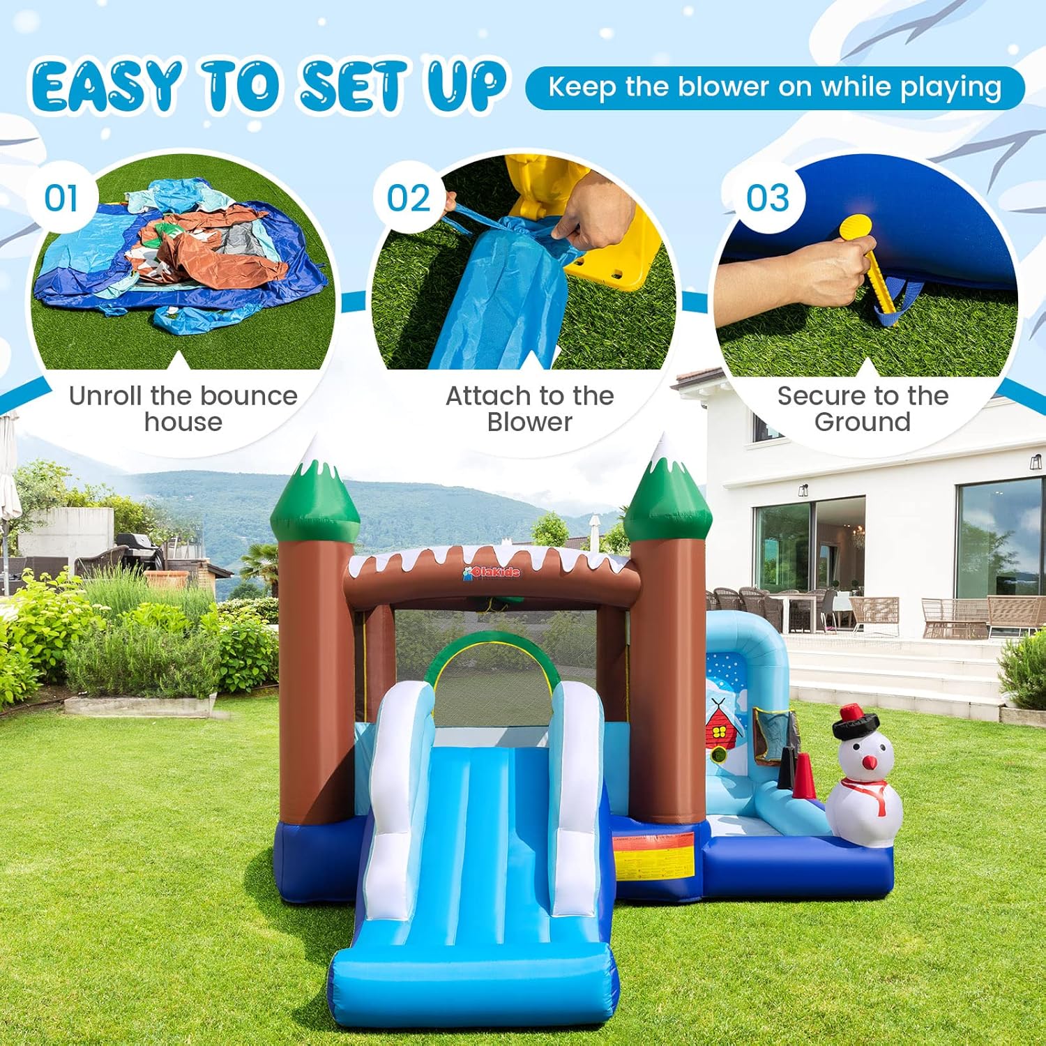 OLAKIDS Christmas Snowman Inflatable Bounce House, Jumping Castle with Slide, Ball Pit, Basketball Rim & Obstacle Course, 680W Blower & Carry Bag