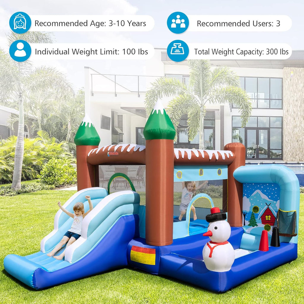 OLAKIDS Christmas Snowman Inflatable Bounce House, Jumping Castle with Slide, Ball Pit, Basketball Rim & Obstacle Course, 680W Blower & Carry Bag