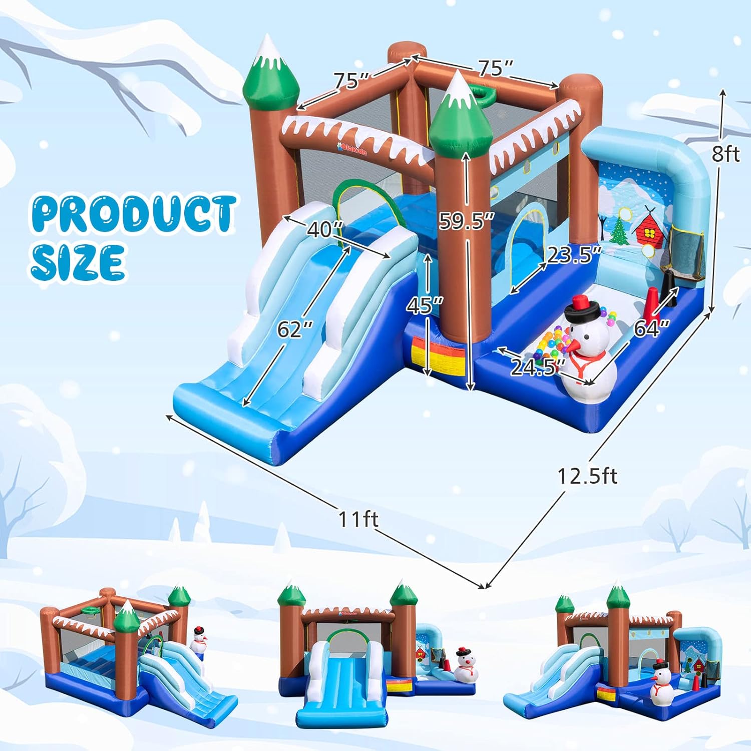 OLAKIDS Christmas Snowman Inflatable Bounce House, Jumping Castle with Slide, Ball Pit, Basketball Rim & Obstacle Course, 680W Blower & Carry Bag