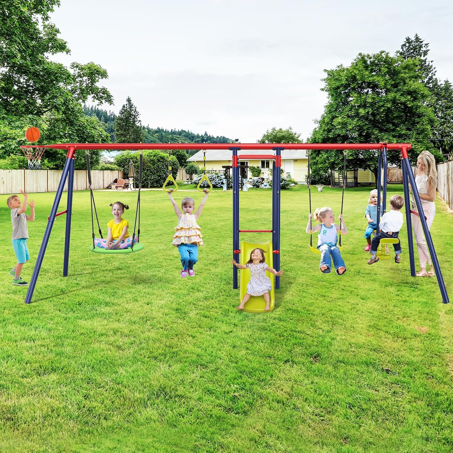 OLAKIDS Swing Sets for Backyard, 7 in 1 Outdoor 660LBS A-Frame Heavy Duty Metal Swing Stand