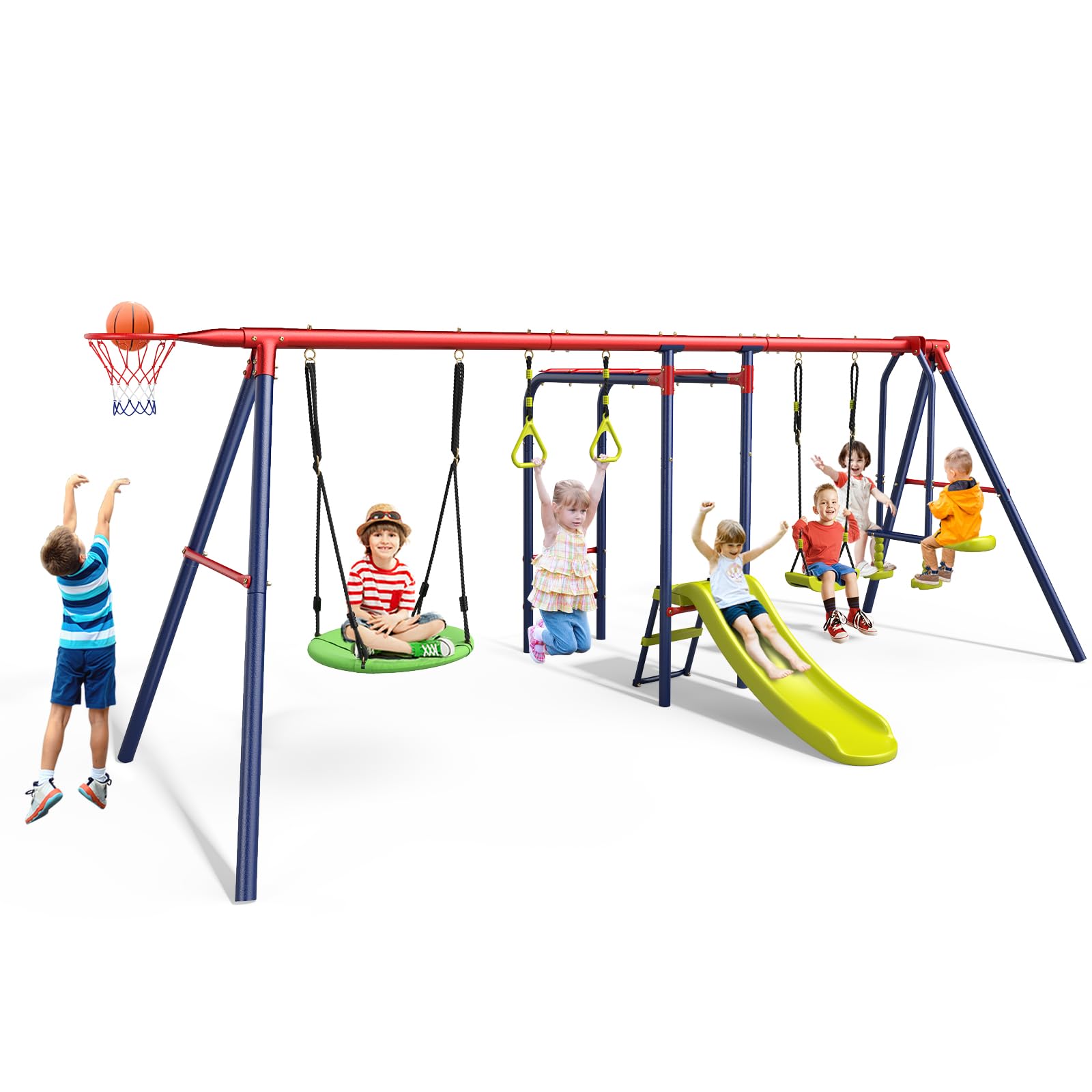 OLAKIDS Swing Sets for Backyard, 7 in 1 Outdoor 660LBS A-Frame Heavy Duty Metal Swing Stand