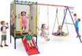 OLAKIDS 6 in 1 Outdoor Swing Set, 440LBS Heavy Duty A-Frame Metal Stand with Slide Trampoline and Basketball Hoop