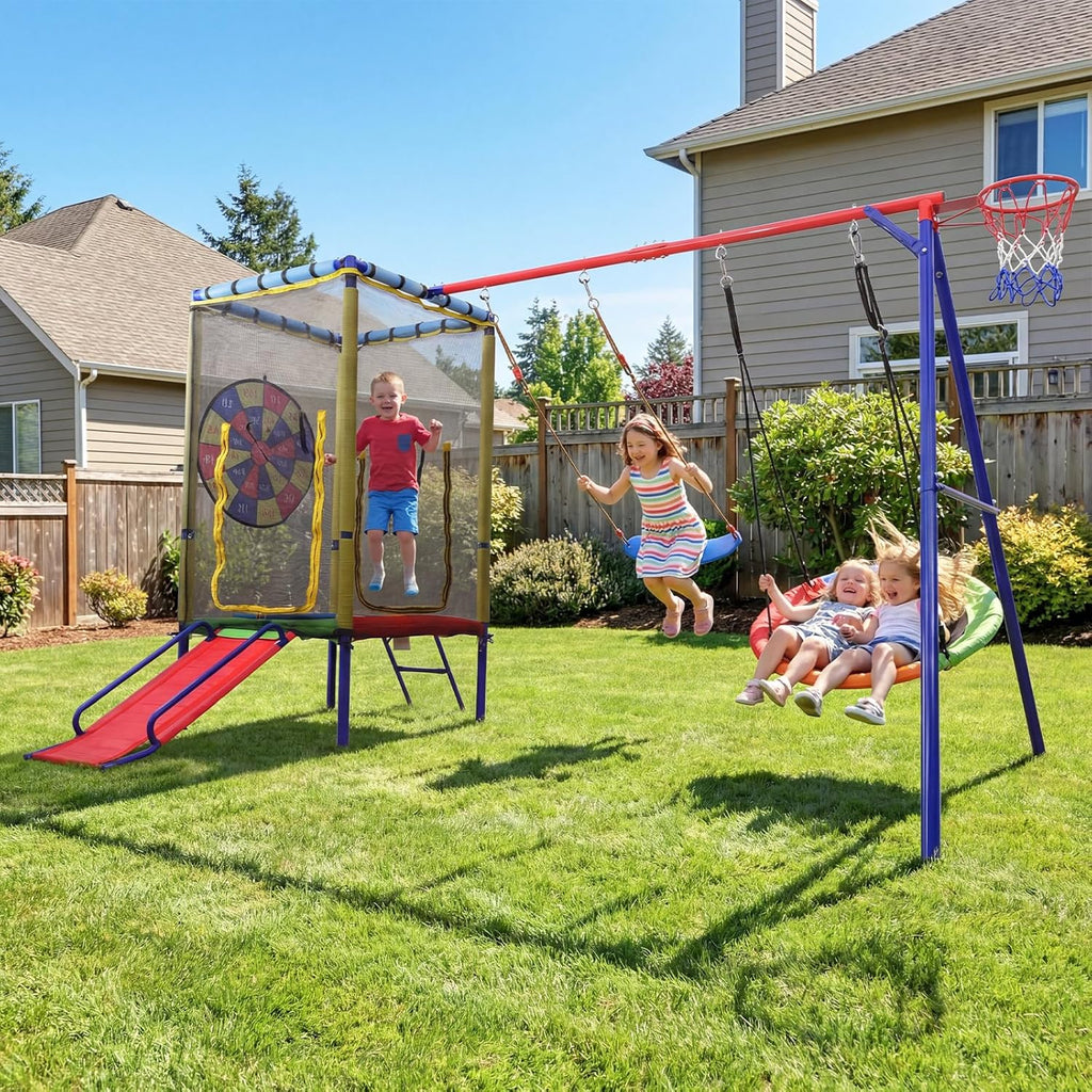 OLAKIDS 6 in 1 Outdoor Swing Set, 440LBS Heavy Duty A-Frame Metal Stand with Slide Trampoline and Basketball Hoop