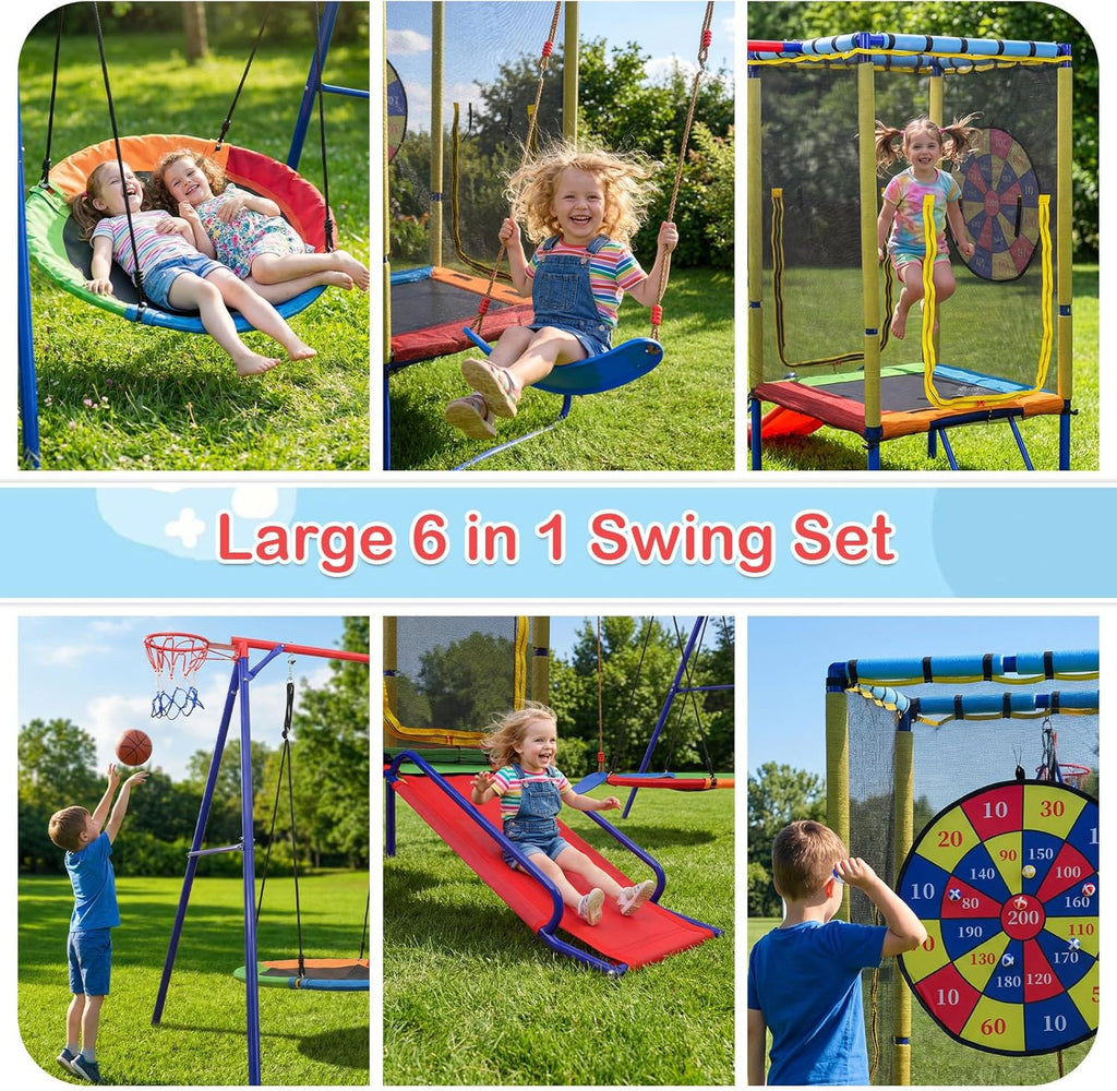 OLAKIDS 6 in 1 Outdoor Swing Set, 440LBS Heavy Duty A-Frame Metal Stand with Slide Trampoline and Basketball Hoop
