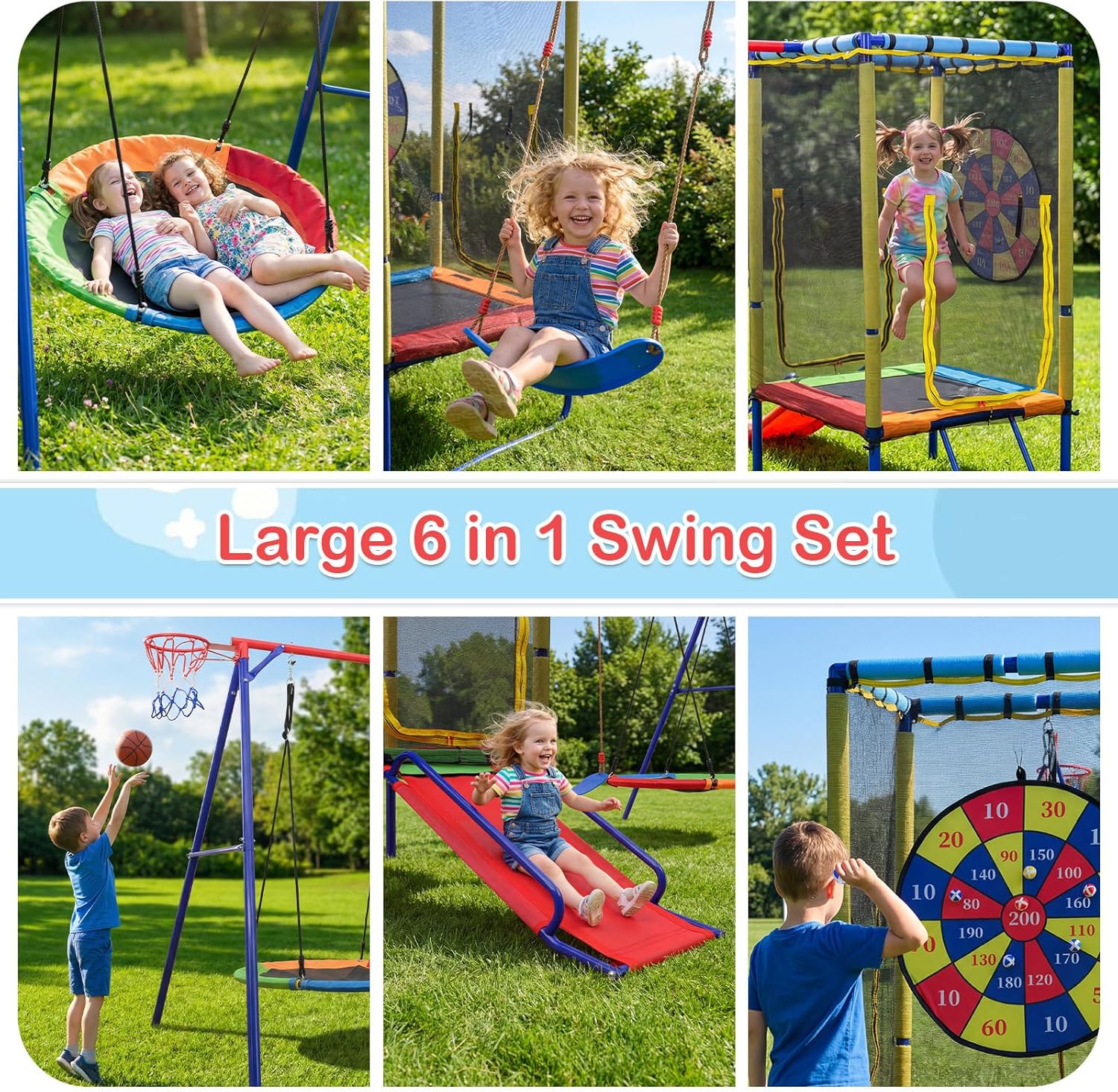 OLAKIDS 6 in 1 Outdoor Swing Set, 440LBS Heavy Duty A-Frame Metal Stand with Slide Trampoline and Basketball Hoop