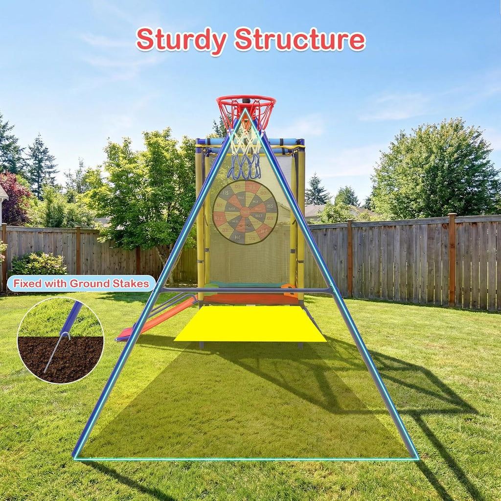 OLAKIDS 6 in 1 Outdoor Swing Set, 440LBS Heavy Duty A-Frame Metal Stand with Slide Trampoline and Basketball Hoop