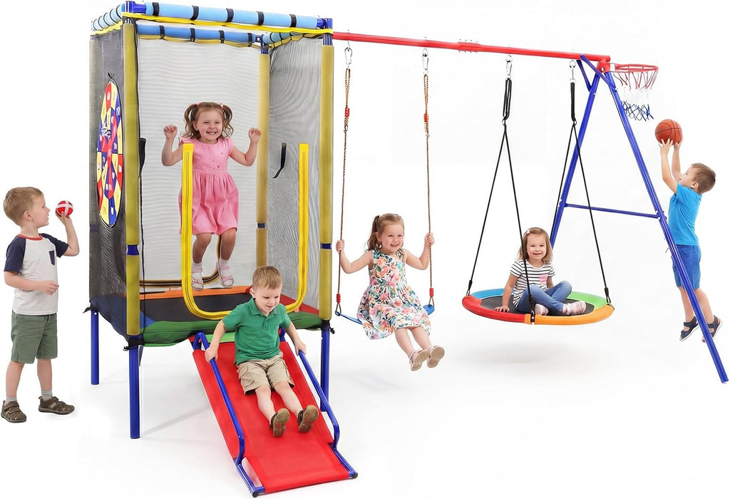 OLAKIDS 6 in 1 Outdoor Swing Set, 440LBS Heavy Duty A-Frame Metal Stand with Slide Trampoline and Basketball Hoop