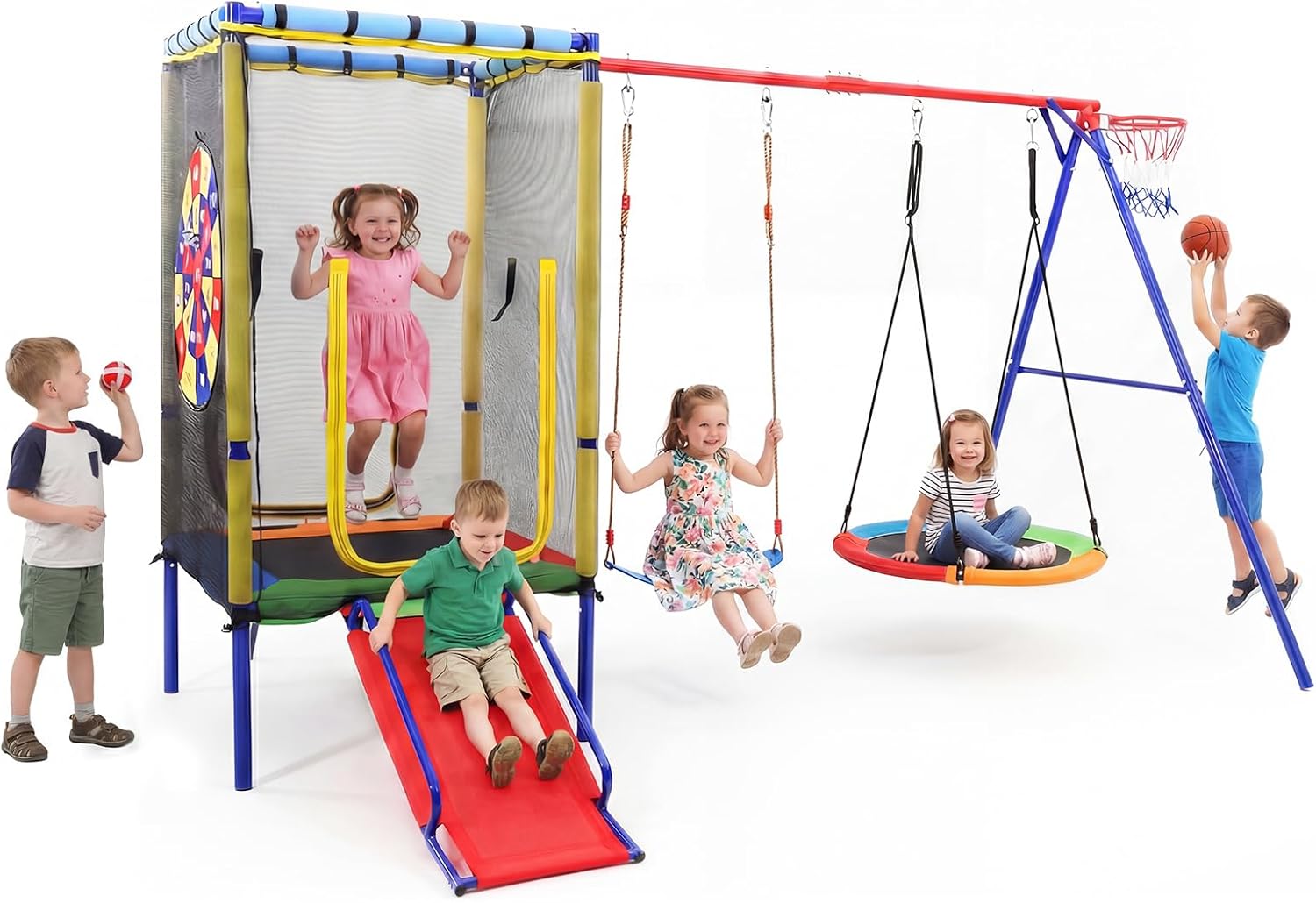 OLAKIDS 6 in 1 Outdoor Swing Set, 440LBS Heavy Duty A-Frame Metal Stand with Slide Trampoline and Basketball Hoop