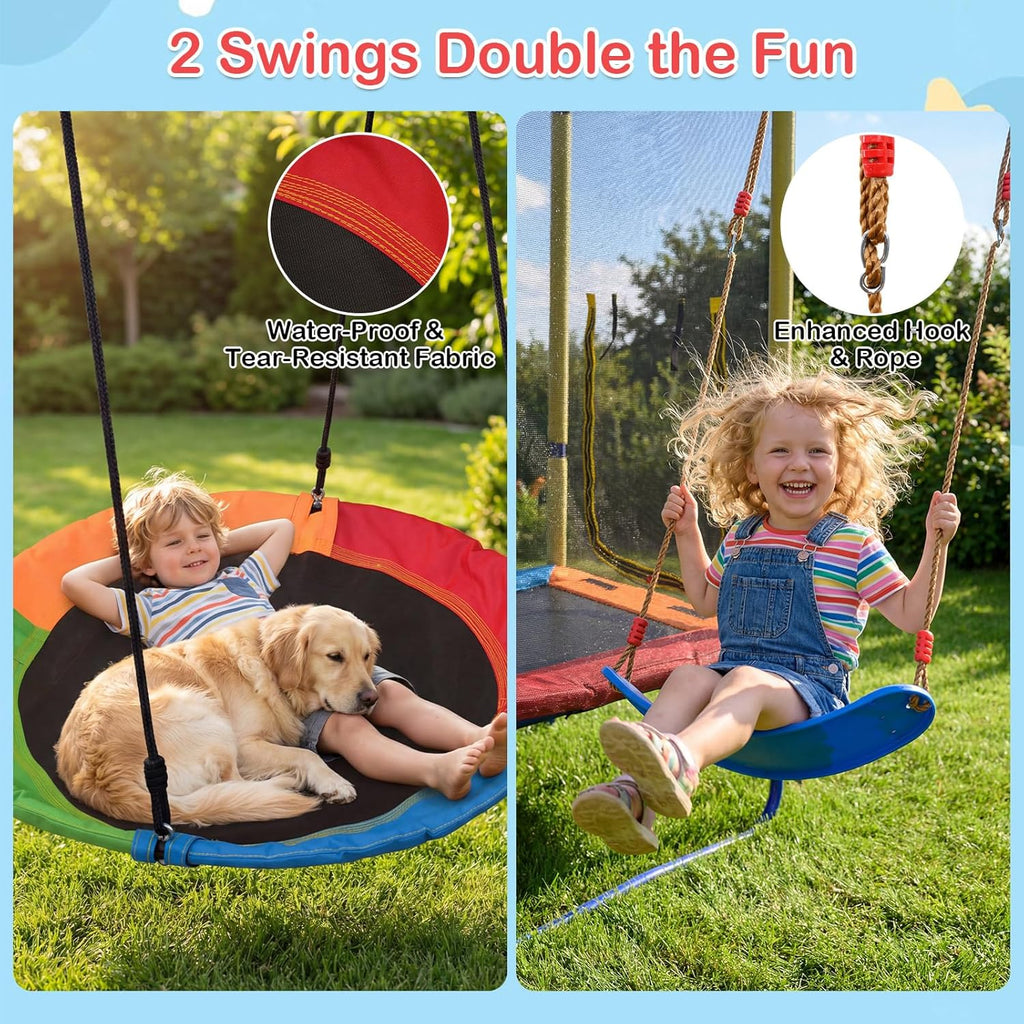 OLAKIDS 6 in 1 Outdoor Swing Set, 440LBS Heavy Duty A-Frame Metal Stand with Slide Trampoline and Basketball Hoop