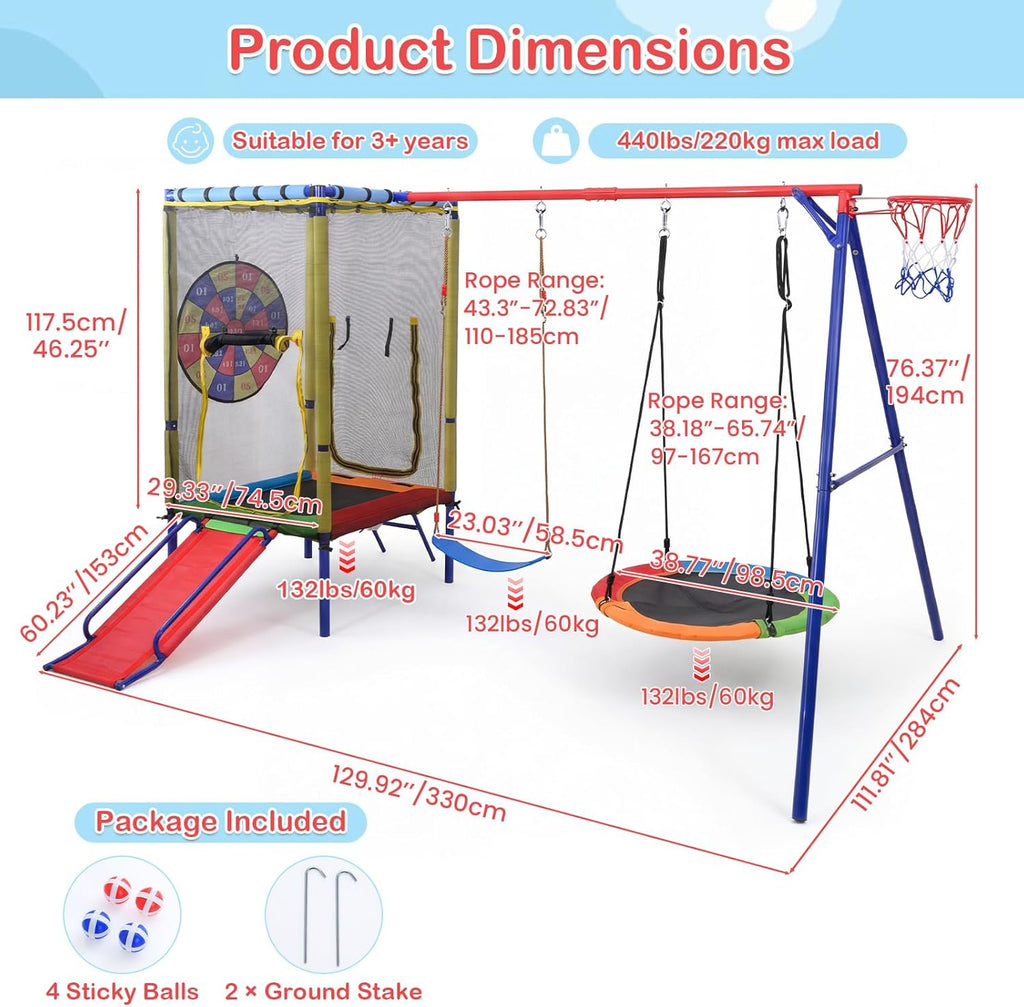 OLAKIDS 6 in 1 Outdoor Swing Set, 440LBS Heavy Duty A-Frame Metal Stand with Slide Trampoline and Basketball Hoop
