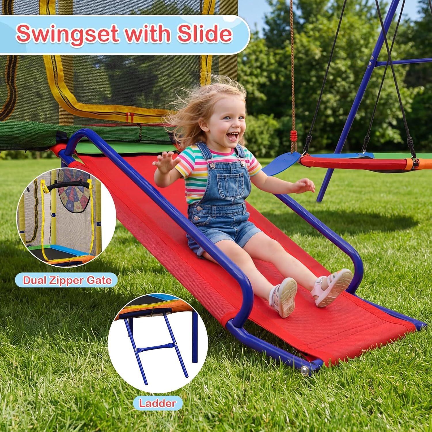 OLAKIDS 6 in 1 Outdoor Swing Set, 440LBS Heavy Duty A-Frame Metal Stand with Slide Trampoline and Basketball Hoop