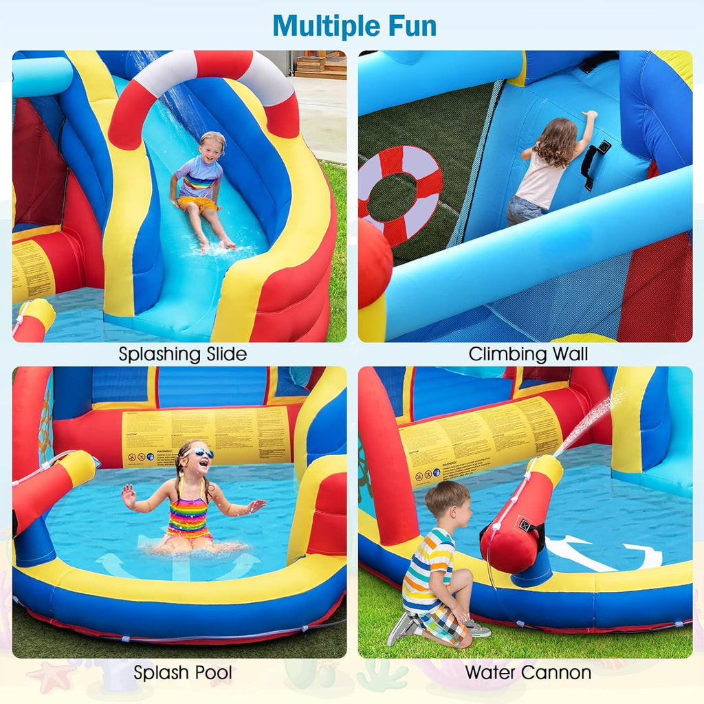 OLAKIDS Nautical Inflatable Water Slide, Bouncy Castle with Splash Pool, Climbing Wall & Water Gun, Includes Carry Bag, Repair Kit & Stakes