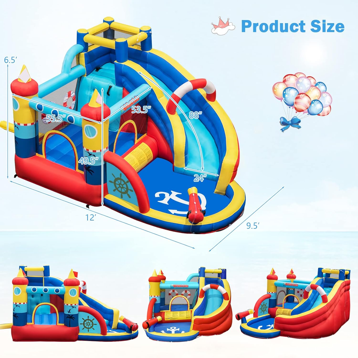 OLAKIDS Nautical Inflatable Water Slide, Bouncy Castle with Splash Pool, Climbing Wall & Water Gun, Includes Carry Bag, Repair Kit & Stakes