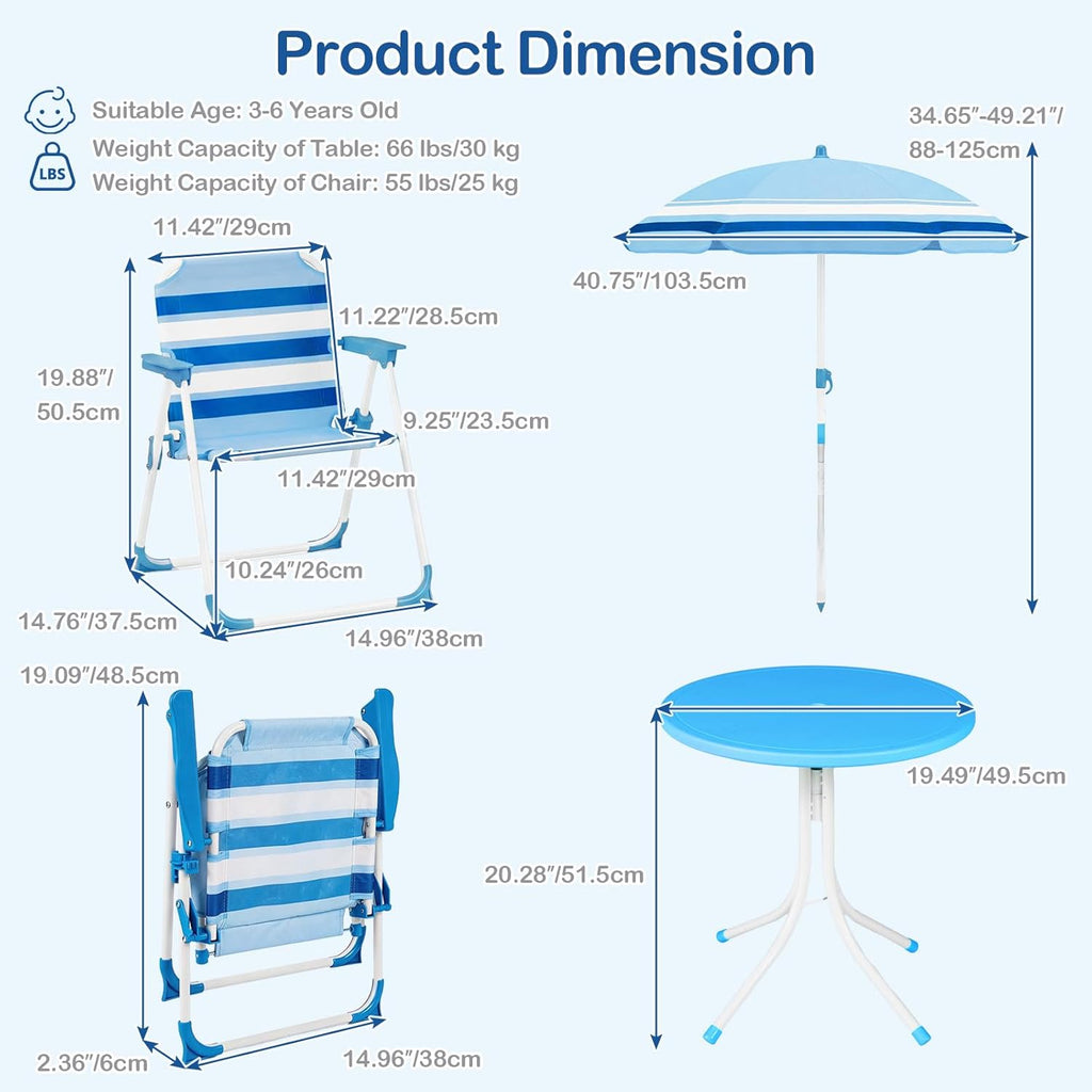 Olakids Kids Picnic Table, Outdoor Toddler Patio Furniture Set with 2 Folding Chairs Adjustable Foldable Umbrella for Garden Backyard Beach