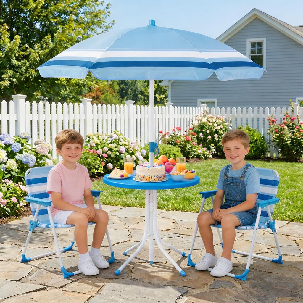 Olakids Kids Picnic Table, Outdoor Toddler Patio Furniture Set with 2 Folding Chairs Adjustable Foldable Umbrella for Garden Backyard Beach