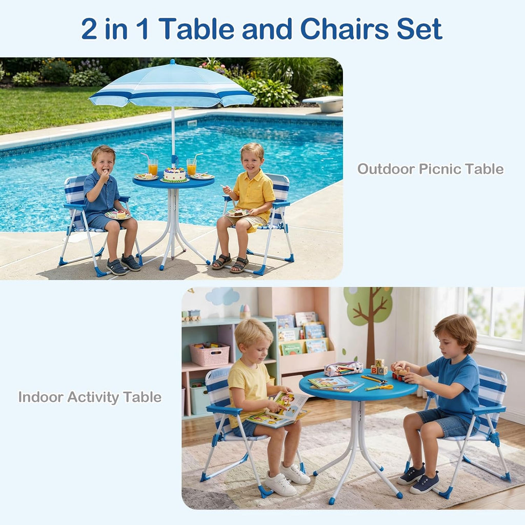 Olakids Kids Picnic Table, Outdoor Toddler Patio Furniture Set with 2 Folding Chairs Adjustable Foldable Umbrella for Garden Backyard Beach
