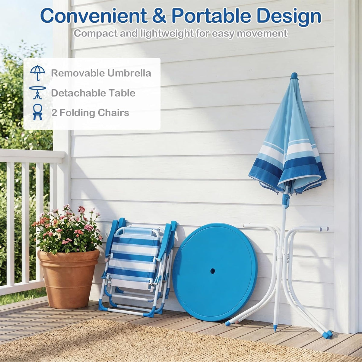 Olakids Kids Picnic Table, Outdoor Toddler Patio Furniture Set with 2 Folding Chairs Adjustable Foldable Umbrella for Garden Backyard Beach