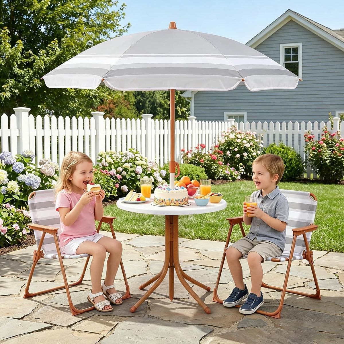 Olakids Kids Picnic Table, Outdoor Toddler Patio Furniture Set with 2 Folding Chairs Adjustable Foldable Umbrella for Garden Backyard Beach
