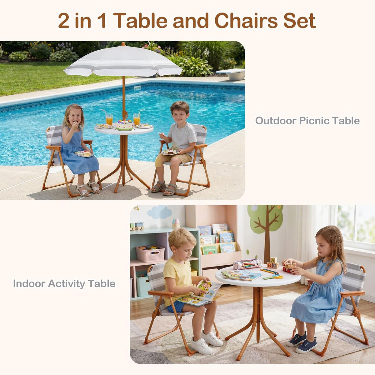 Olakids Kids Picnic Table, Outdoor Toddler Patio Furniture Set with 2 Folding Chairs Adjustable Foldable Umbrella for Garden Backyard Beach