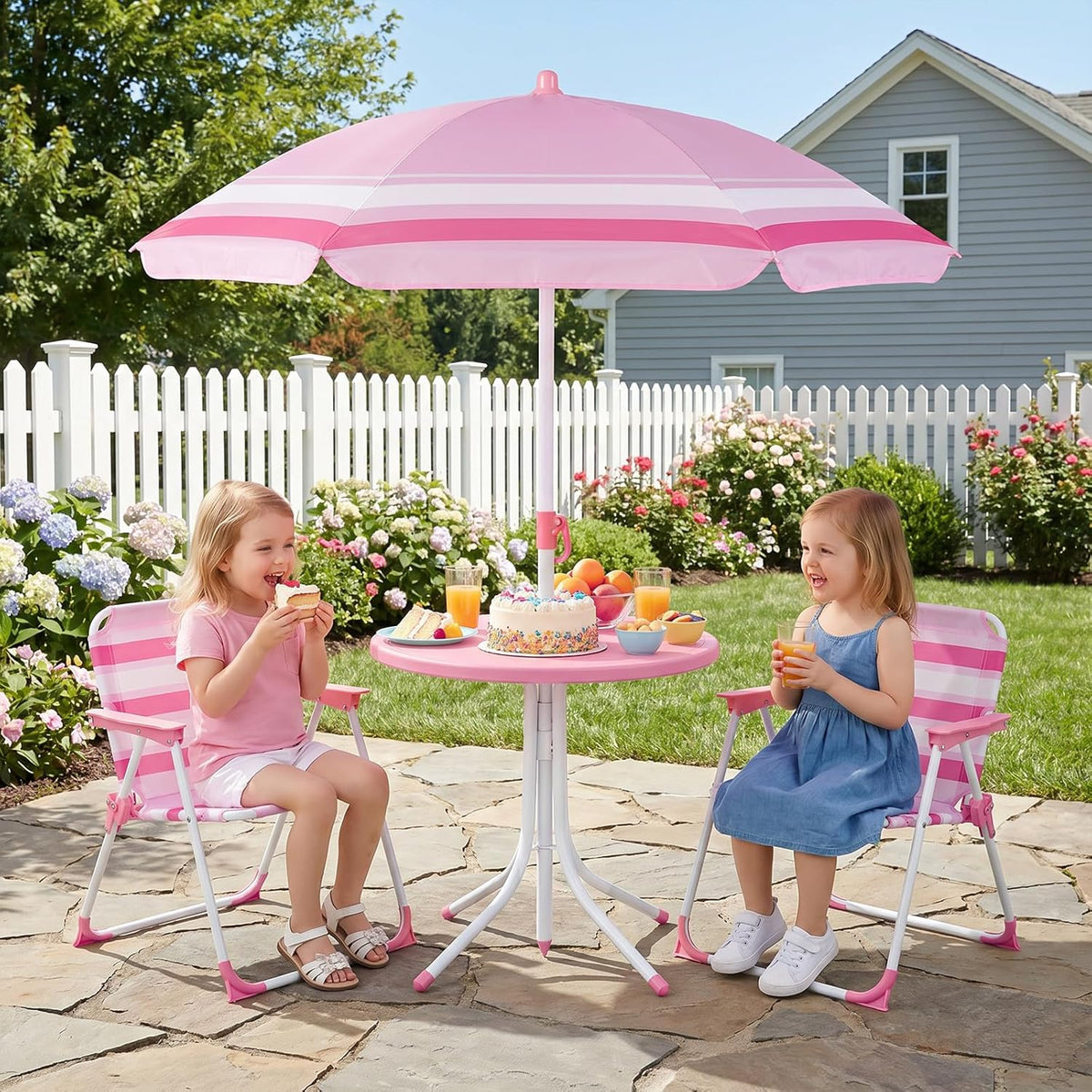 Olakids Kids Picnic Table, Outdoor Toddler Patio Furniture Set with 2 Folding Chairs Adjustable Foldable Umbrella for Garden Backyard Beach