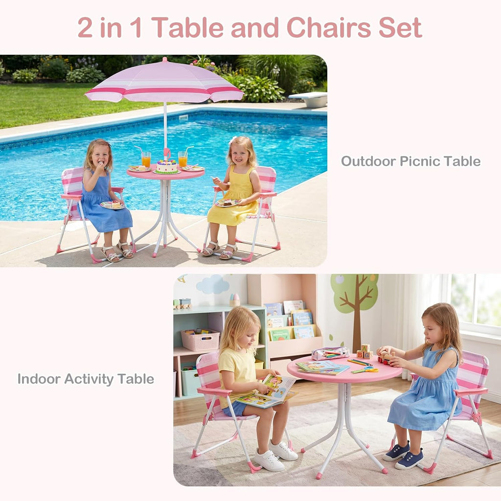 Olakids Kids Picnic Table, Outdoor Toddler Patio Furniture Set with 2 Folding Chairs Adjustable Foldable Umbrella for Garden Backyard Beach