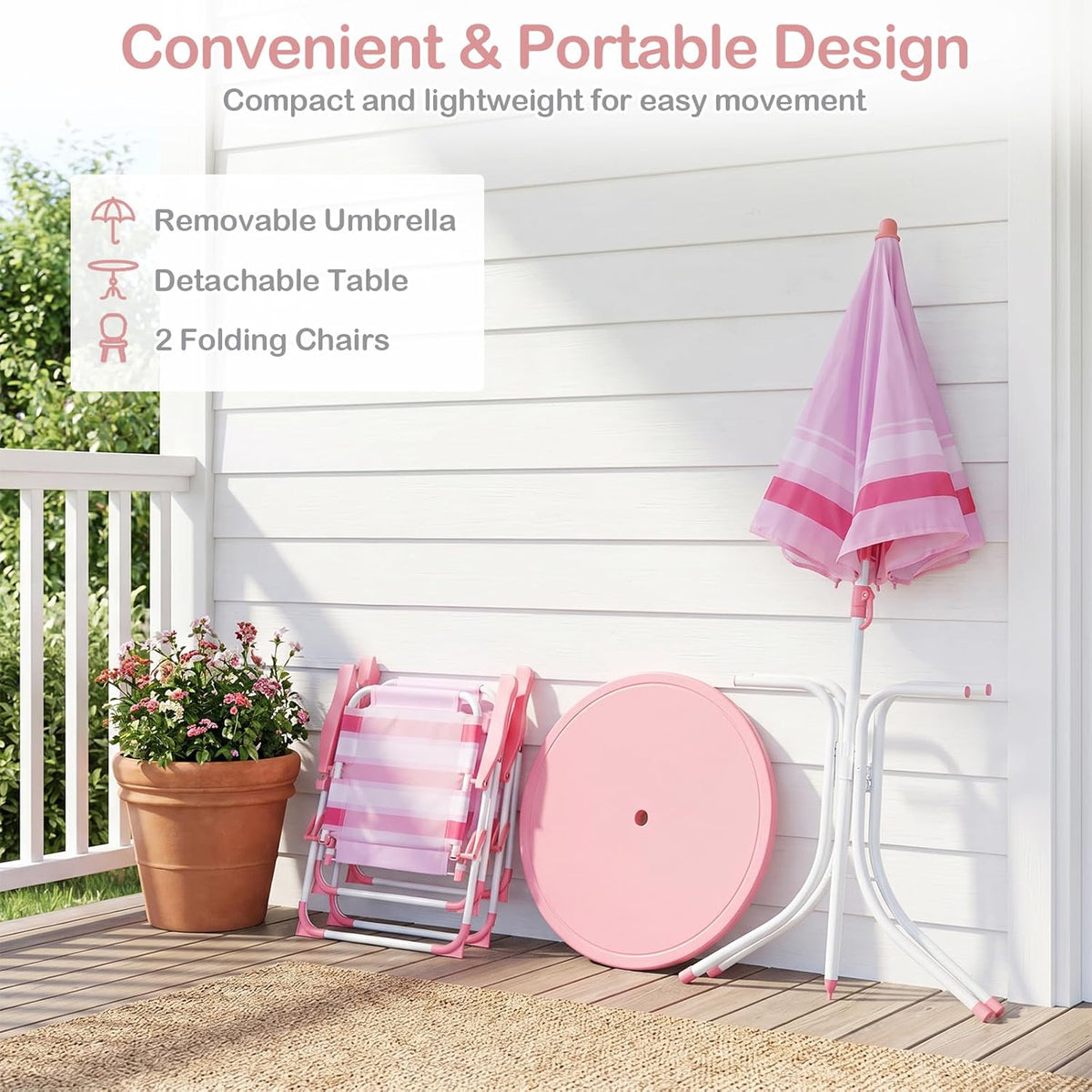 Olakids Kids Picnic Table, Outdoor Toddler Patio Furniture Set with 2 Folding Chairs Adjustable Foldable Umbrella for Garden Backyard Beach