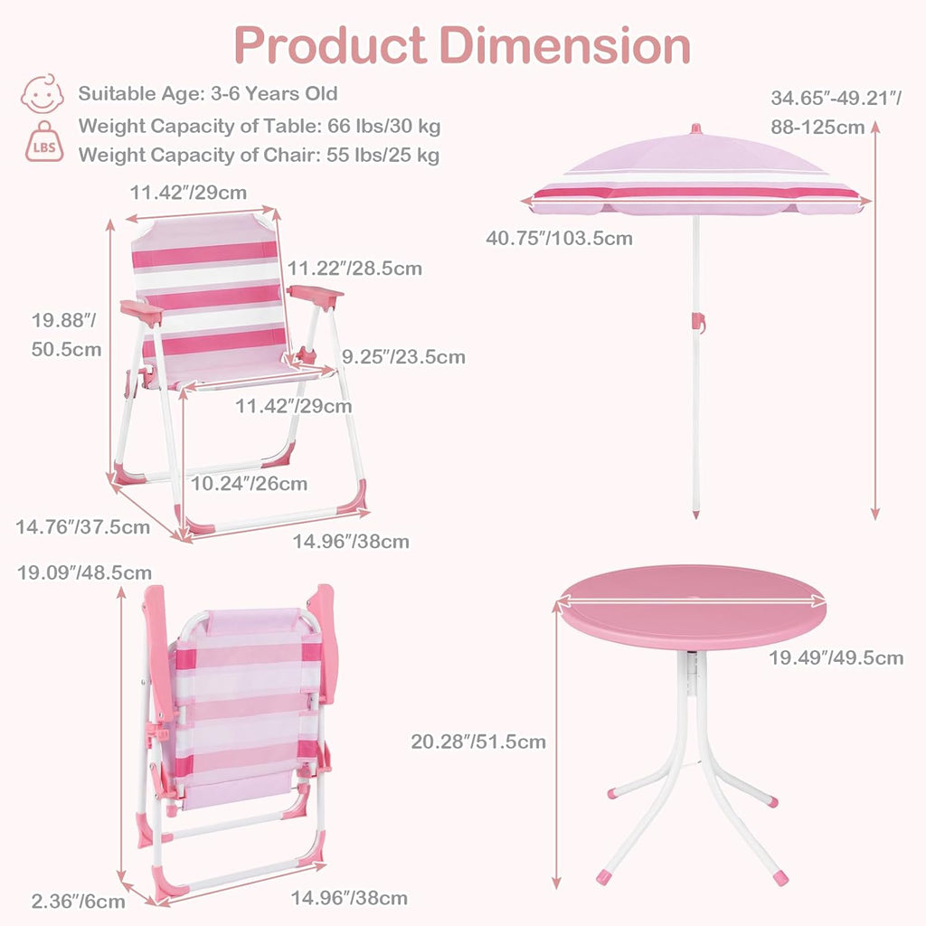 Olakids Kids Picnic Table, Outdoor Toddler Patio Furniture Set with 2 Folding Chairs Adjustable Foldable Umbrella for Garden Backyard Beach