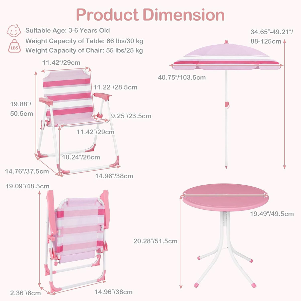 Olakids Kids Picnic Table, Outdoor Toddler Patio Furniture Set with 2 Folding Chairs Adjustable Foldable Umbrella for Garden Backyard Beach