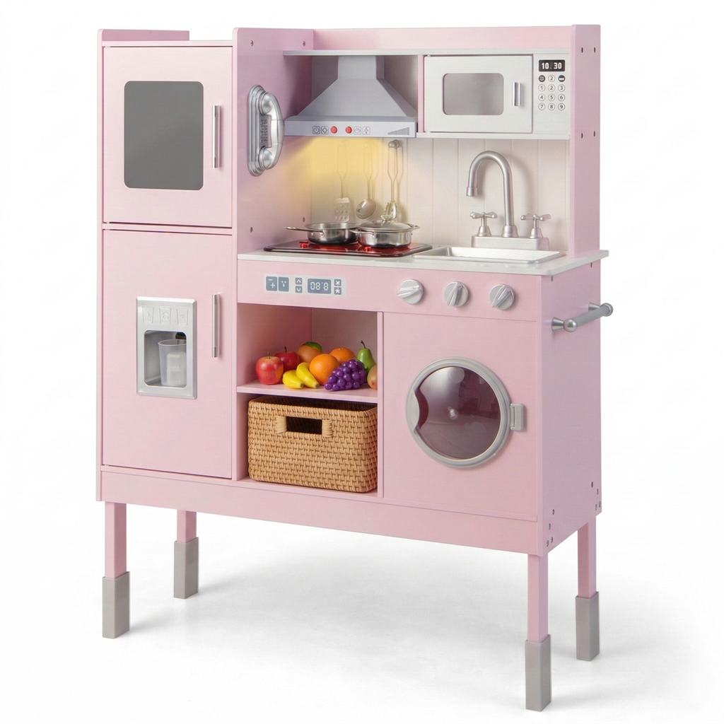 OLAKIDS Kids Kitchen Playset, Toddler Wooden Pretend Cooking Set with Realistic Light Sound