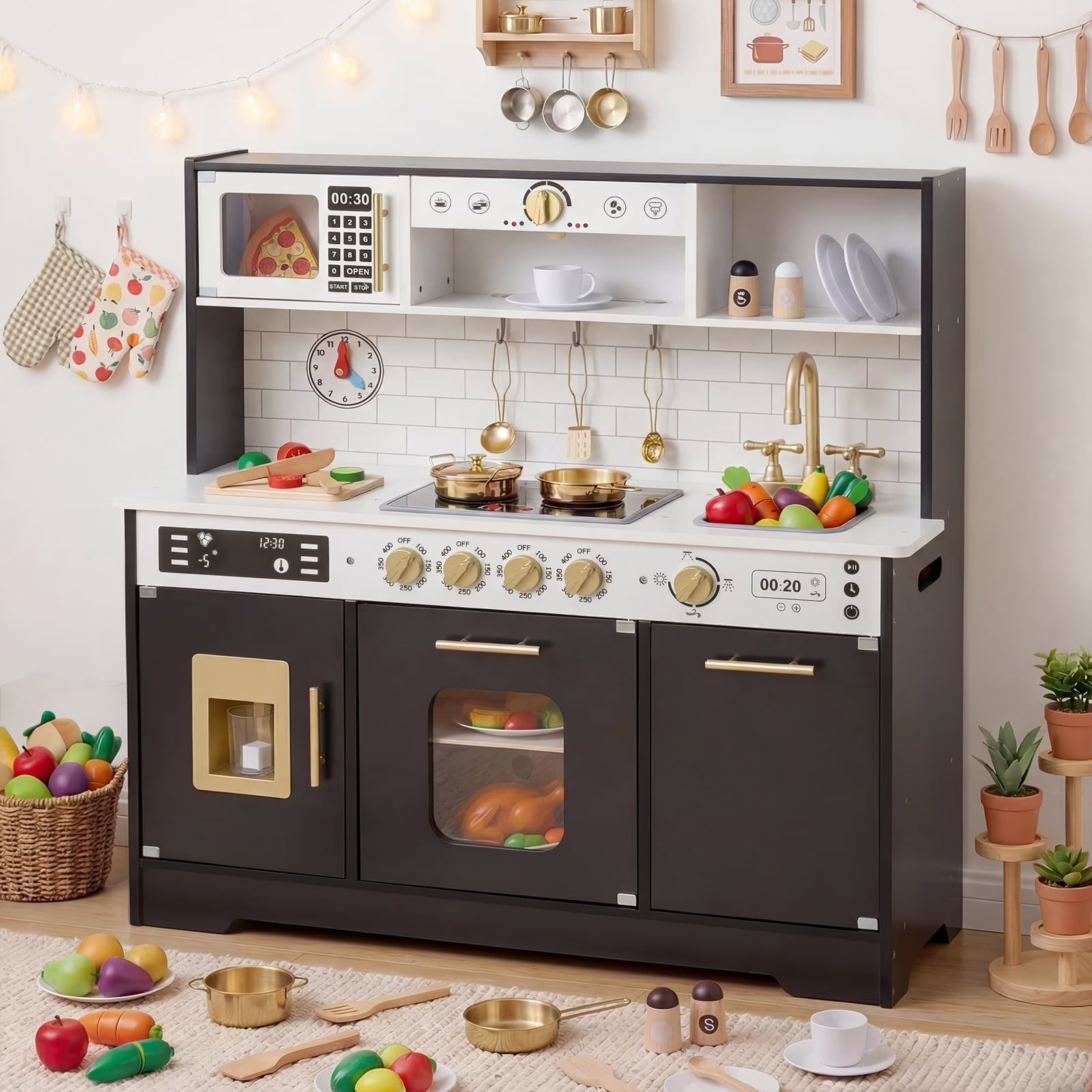 OLAKIDS Play Kitchen with Real Lights Sounds, Dishwasher, Coffee Machine, Wooden Pretend Cooking Toys with 17 Accessories for Boys Girls Ages 3+