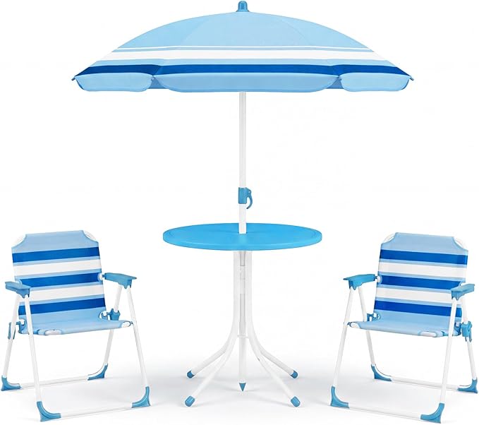 Olakids Kids Picnic Table, Outdoor Toddler Patio Furniture Set with 2 Folding Chairs Adjustable Foldable Umbrella for Garden Backyard Beach