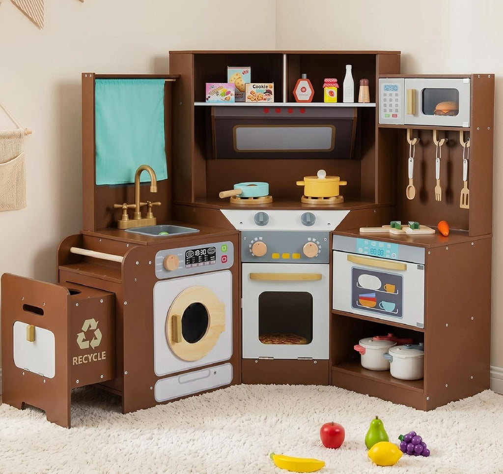 OLAKIDS Corner Kids Kitchen Playset with Lights, Sounds & Dishwasher, Wooden Pretend Cooking Toy Set