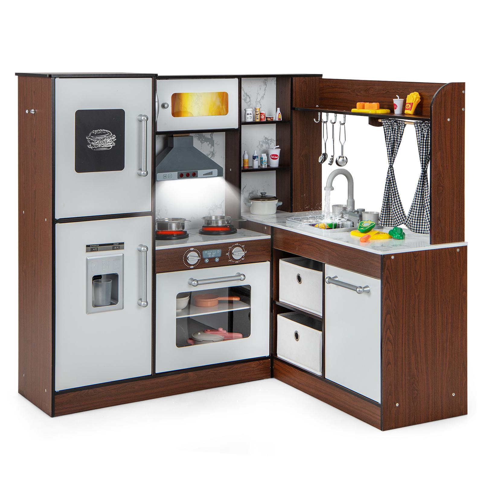 OLAKIDS Corner Kids Kitchen Playset, Ultimate Wooden Pretend Cooking Toy Set with Real Running Water