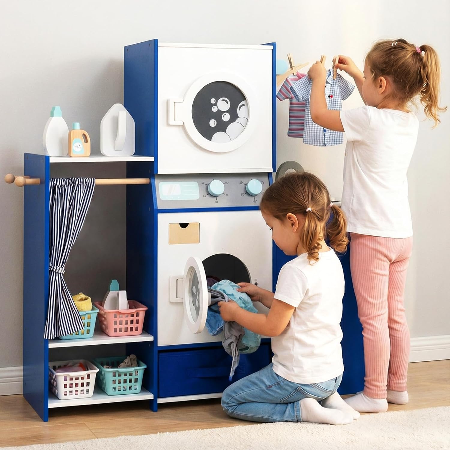 OLAKIDS Kids Toy Washing Machine Playset, Wooden Washer Pretend Laundry Set