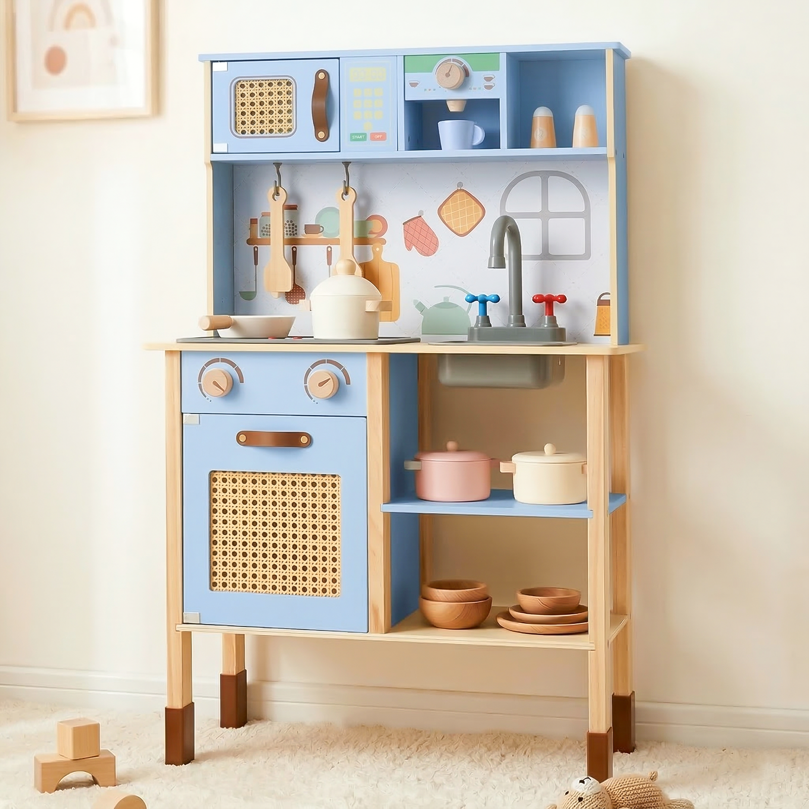 OLAKIDS Play Kitchen for Kids, Wooden Pretend Playset Toddler Cooking Toy Gift for Boys Girls Aged 3+