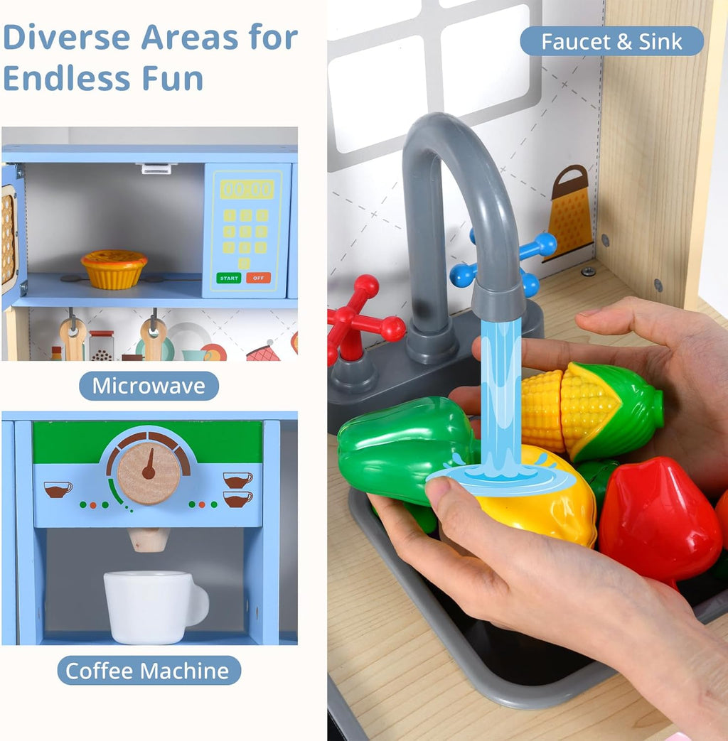 OLAKIDS Play Kitchen for Kids, Wooden Pretend Playset Toddler Cooking Toy Gift for Boys Girls Aged 3+