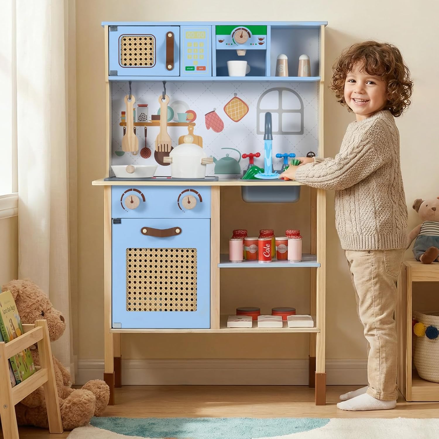 OLAKIDS Play Kitchen for Kids, Wooden Pretend Playset Toddler Cooking Toy Gift for Boys Girls Aged 3+
