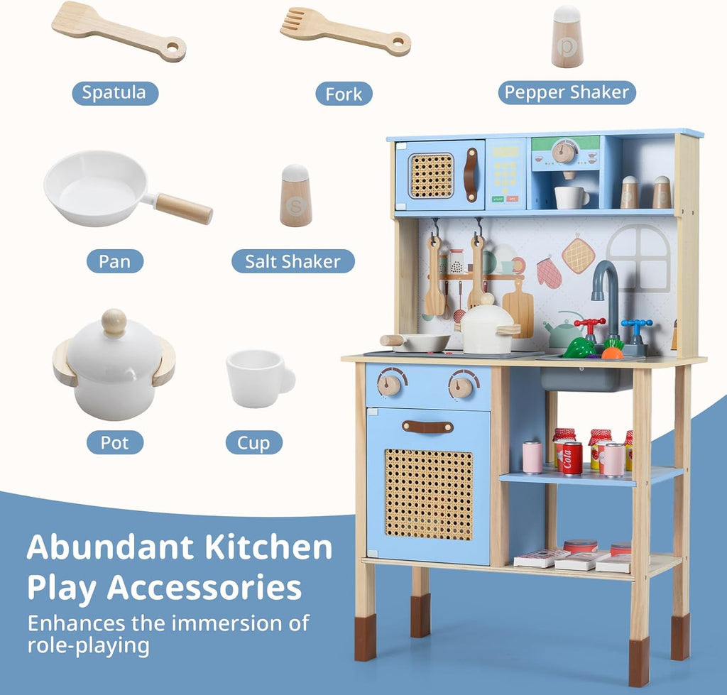 OLAKIDS Play Kitchen for Kids, Wooden Pretend Playset Toddler Cooking Toy Gift for Boys Girls Aged 3+