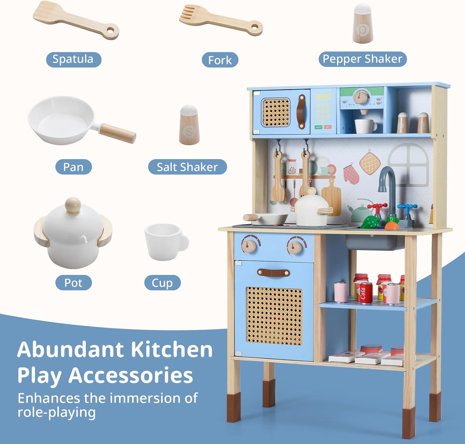 OLAKIDS Play Kitchen for Kids, Wooden Pretend Playset Toddler Cooking Toy Gift for Boys Girls Aged 3+