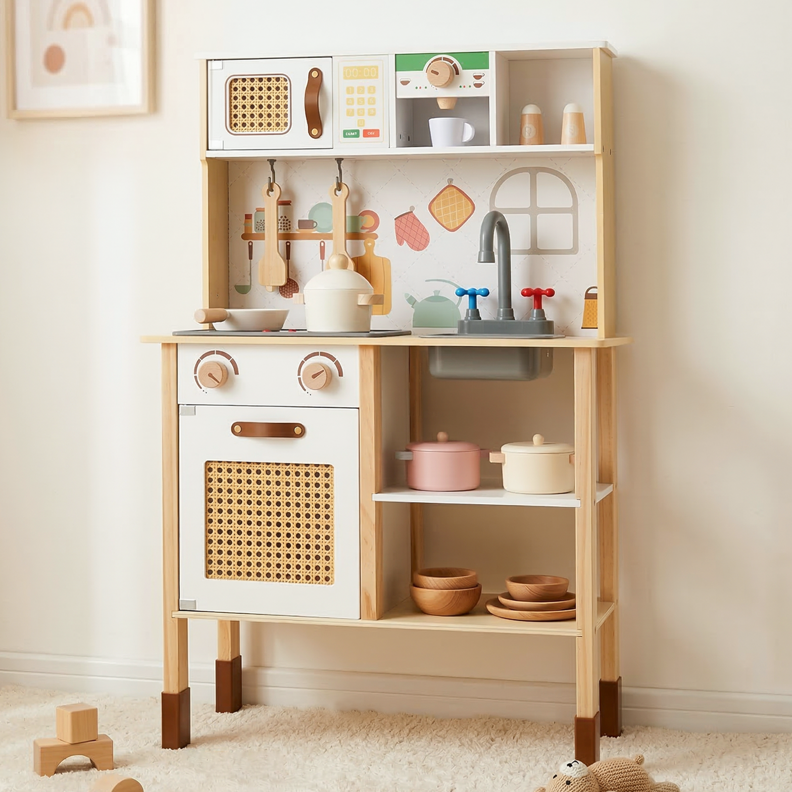 OLAKIDS Play Kitchen for Kids, Wooden Pretend Playset Toddler Cooking Toy Gift for Boys Girls Aged 3+