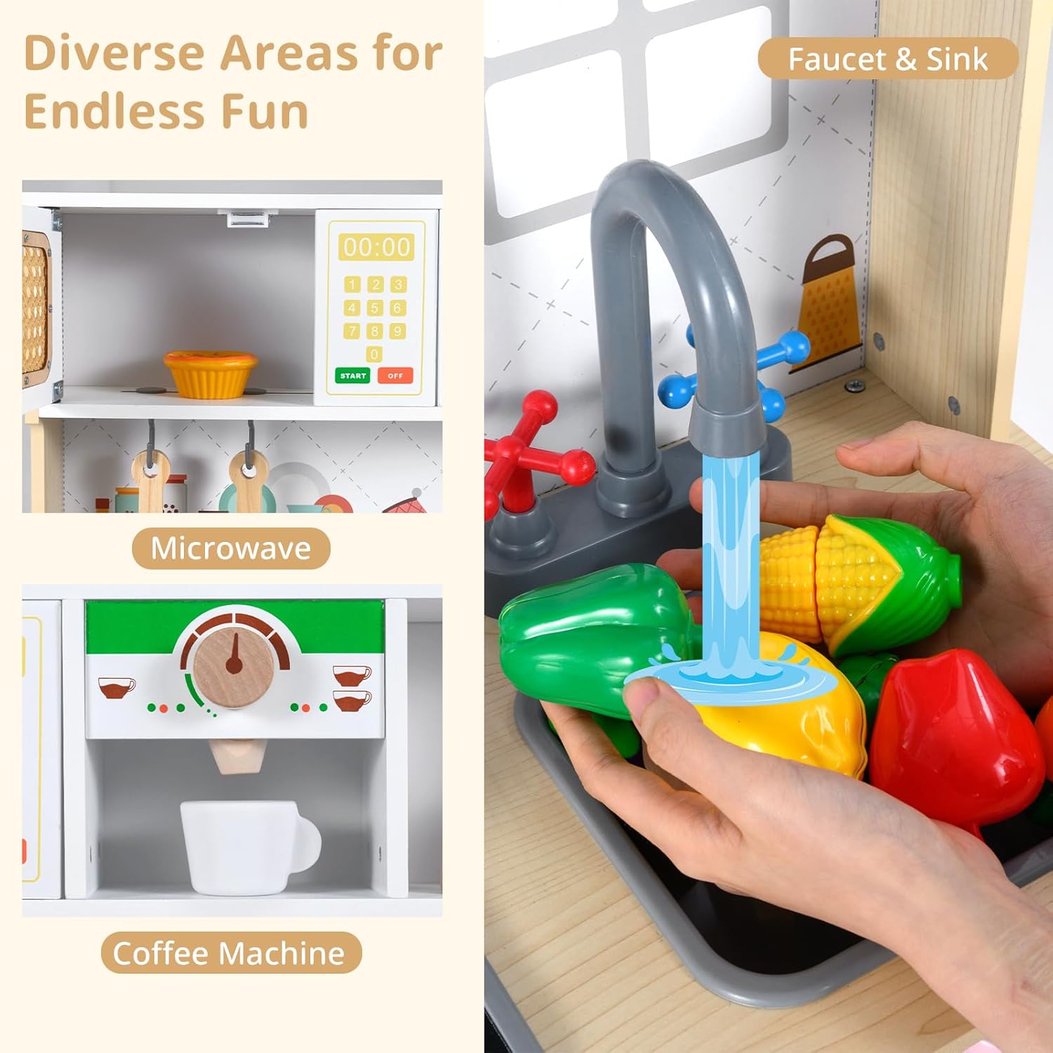 OLAKIDS Play Kitchen for Kids, Wooden Pretend Playset Toddler Cooking Toy Gift for Boys Girls Aged 3+