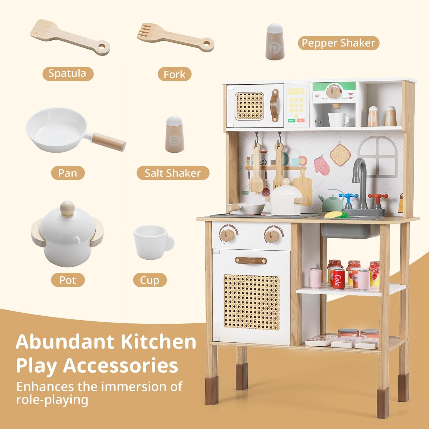 OLAKIDS Play Kitchen for Kids, Wooden Pretend Playset Toddler Cooking Toy Gift for Boys Girls Aged 3+