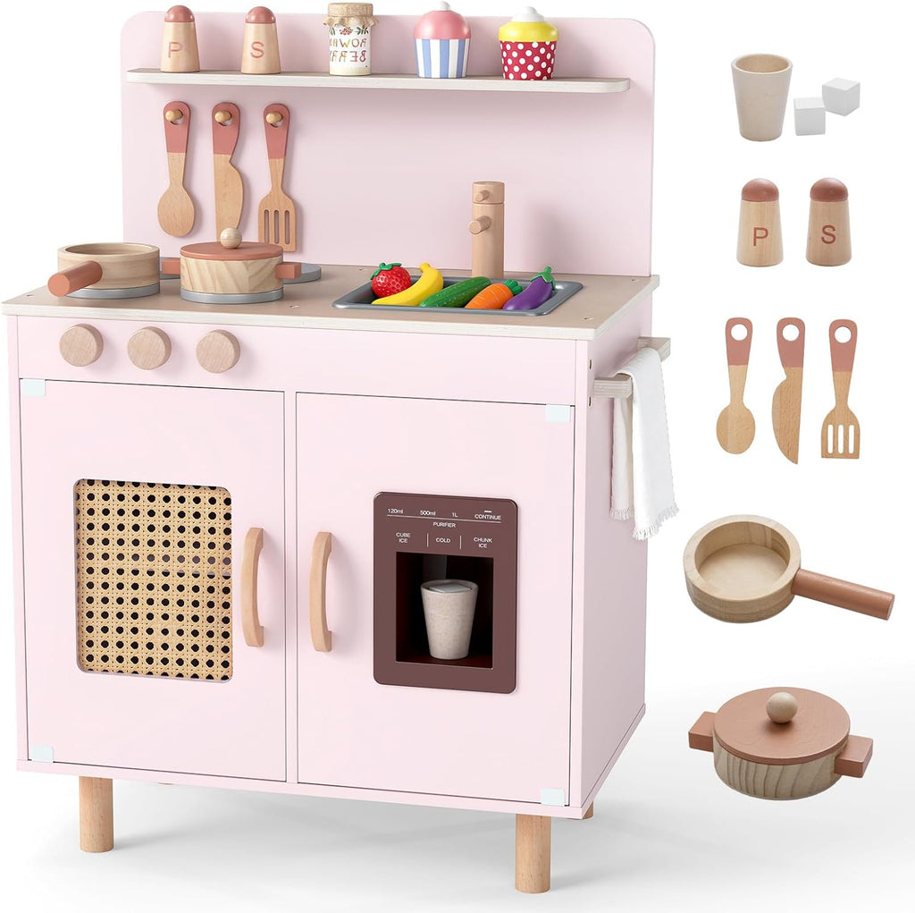 OLAKIDS Play Kitchen for Kids, Wooden Pretend Playset Toddler Cooking Toy Gift for Boys Girls Aged 3+