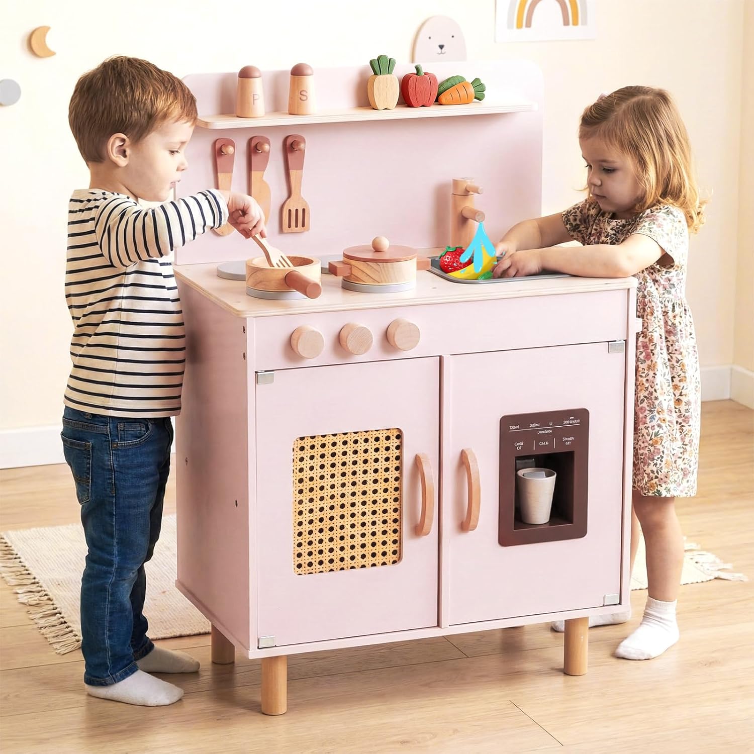 OLAKIDS Play Kitchen for Kids, Wooden Pretend Playset Toddler Cooking Toy Gift for Boys Girls Aged 3+