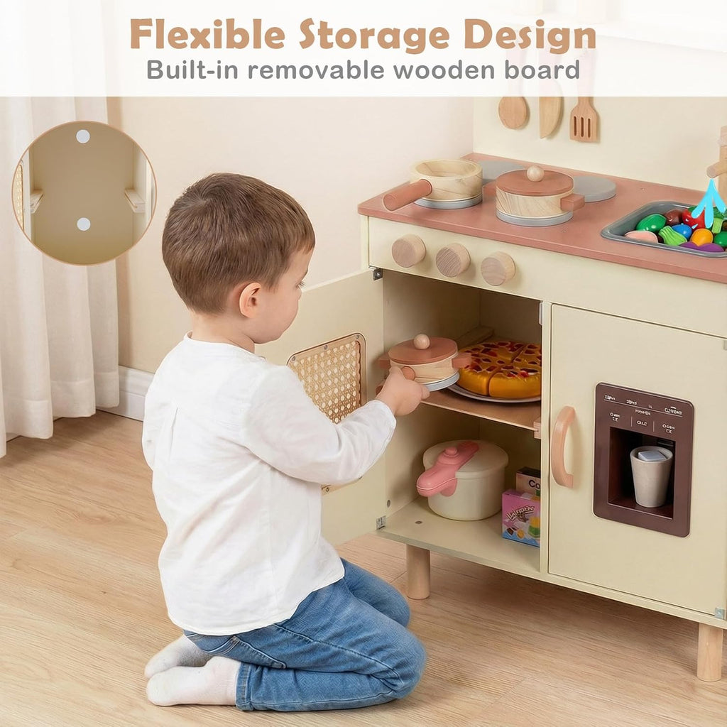 OLAKIDS Play Kitchen for Kids, Wooden Pretend Playset Toddler Cooking Toy Gift for Boys Girls Aged 3+