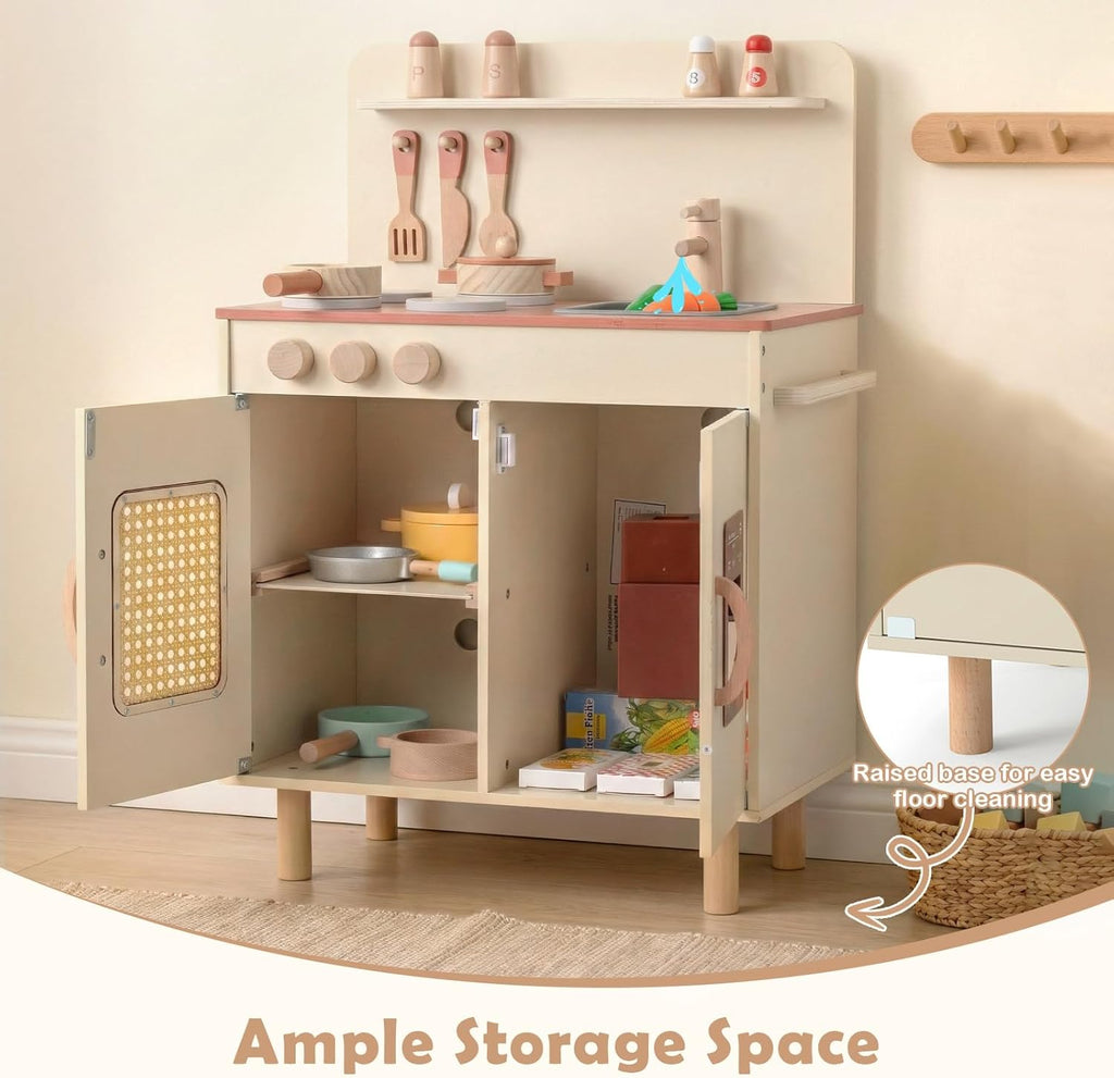 OLAKIDS Play Kitchen for Kids, Wooden Pretend Playset Toddler Cooking Toy Gift for Boys Girls Aged 3+