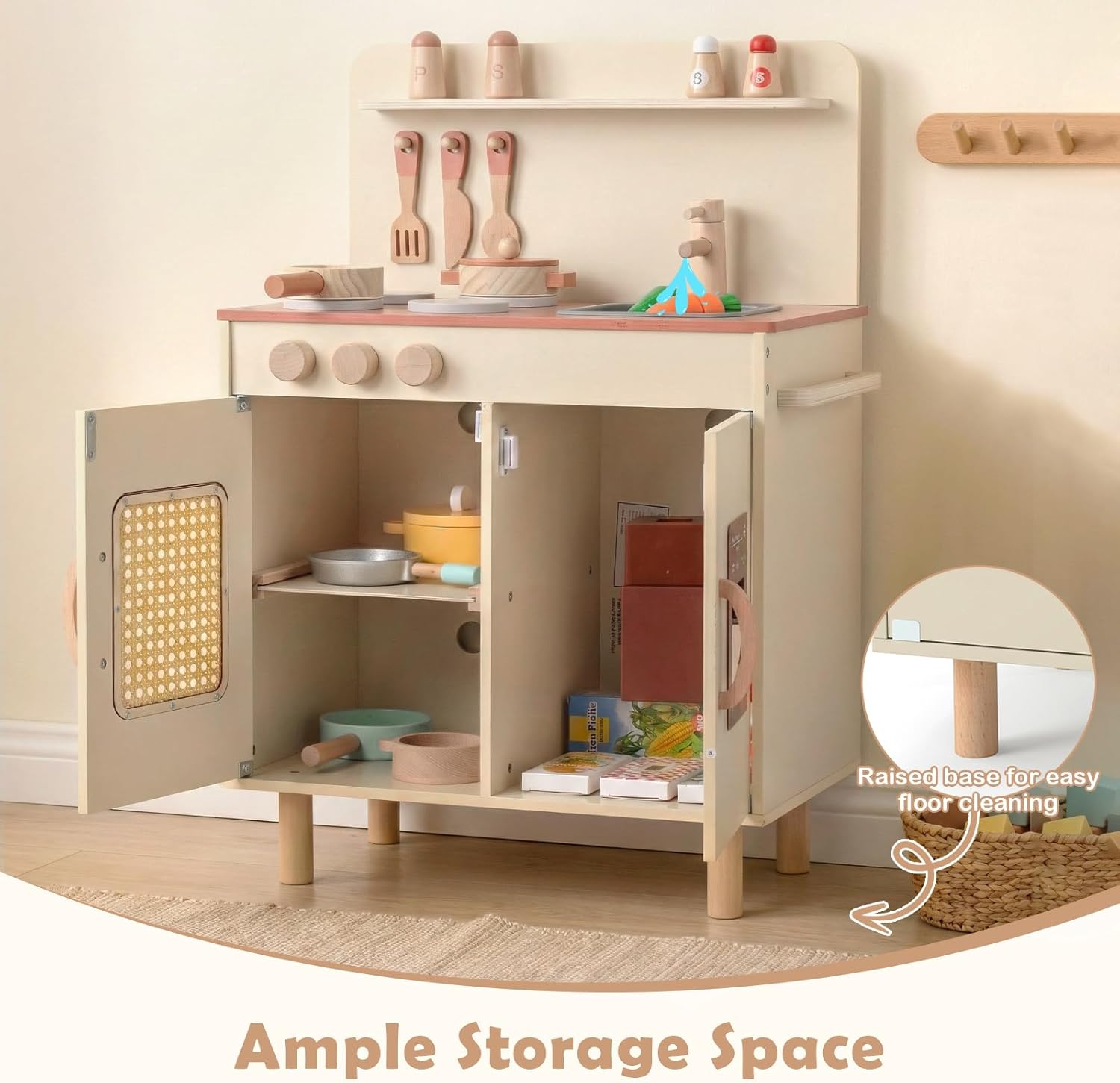OLAKIDS Play Kitchen for Kids, Wooden Pretend Playset Toddler Cooking Toy Gift for Boys Girls Aged 3+